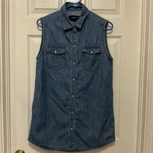JW Signature Women Chambray Shirt Sleeveless Pearl Snap L Western Rodeo Cowgirl